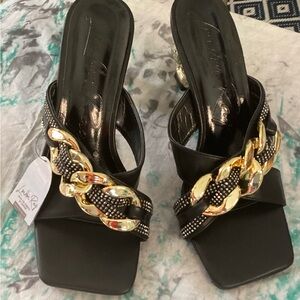 London Rag Evalane Blk & Gold Heeled Mules with Chain-Link Design Various Sizes